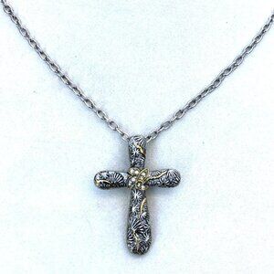 Gold Star Accent Design Clear Crystal Rhodium Plated Silver Cross Chain Necklace